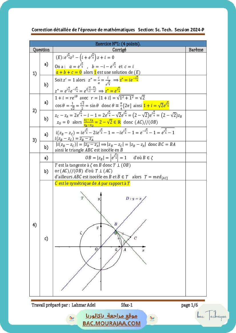 Corrigé principale math Bac 2024 – Section technique